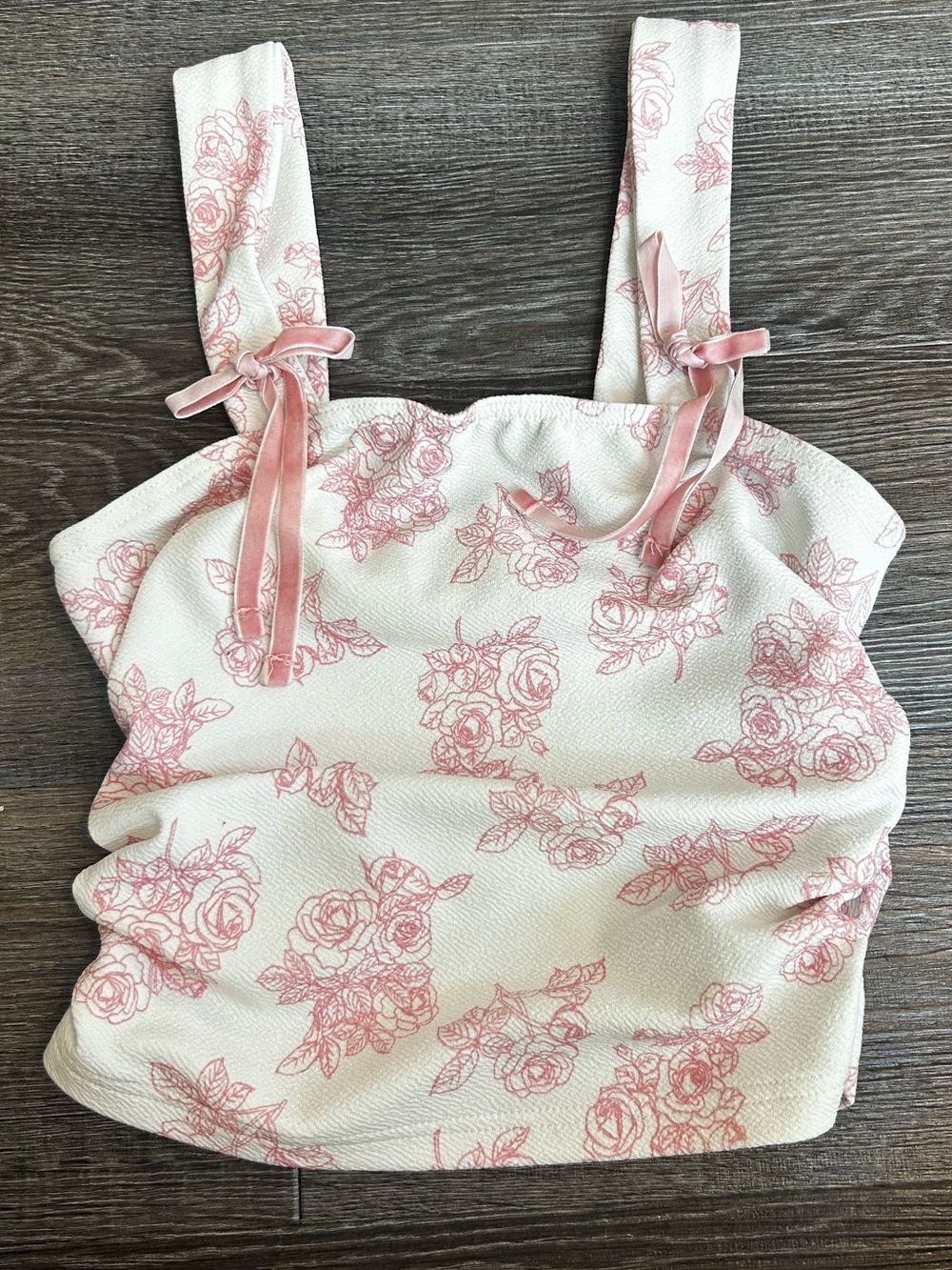Floral Square-Neck Tank Top with Ribbon Straps - Pink on Cream